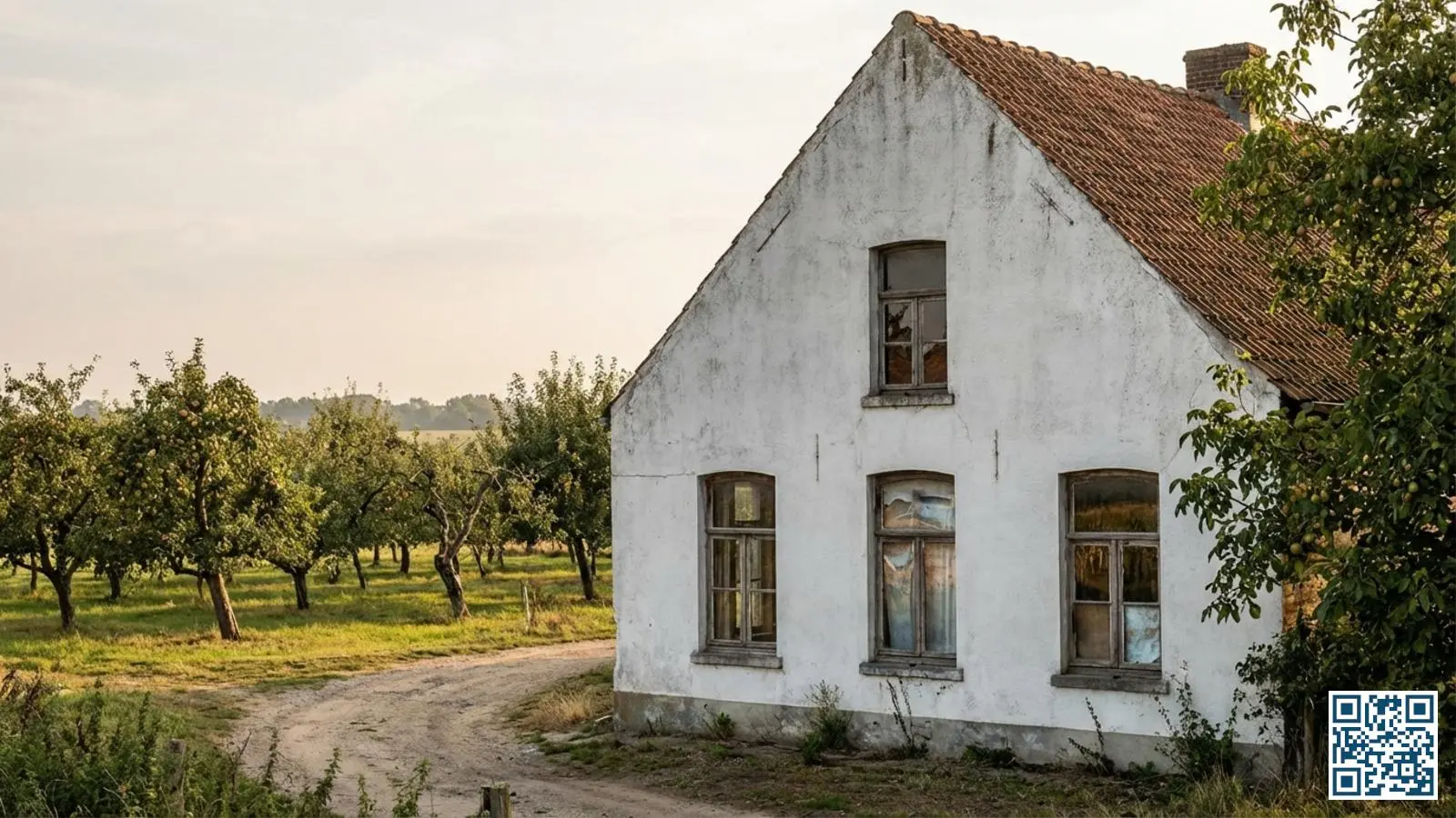 Typische Haspengouwse fermette bij Sint-Truiden met grote raampartijen en fruitboomgaard op de achtergrond