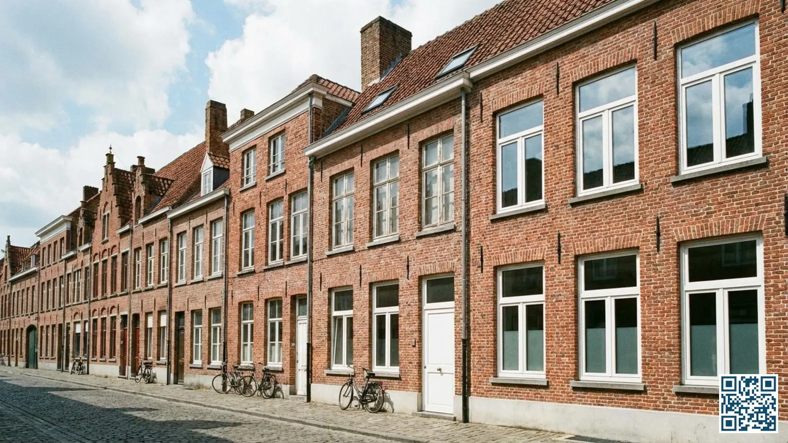 Typische Vlaamse rijwoningen in Oost-Vlaanderen met mix van originele en vernieuwde HR-glasramen in bakstenen gevels