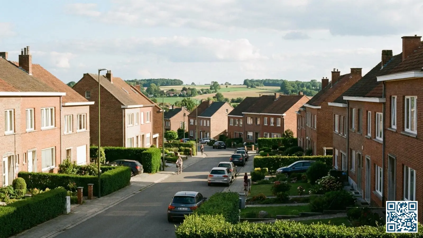 Typische straat in Halle met rijwoningen en halfopen bebouwing met witte PVC-ramen en het Pajottenland op de achtergrond