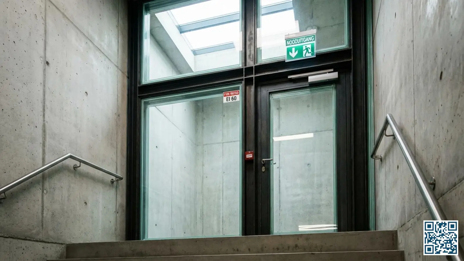 Brandwerend glas in stalen kozijn in trappenhuis van een modern Belgisch gebouw met nooduitgangbord zichtbaar