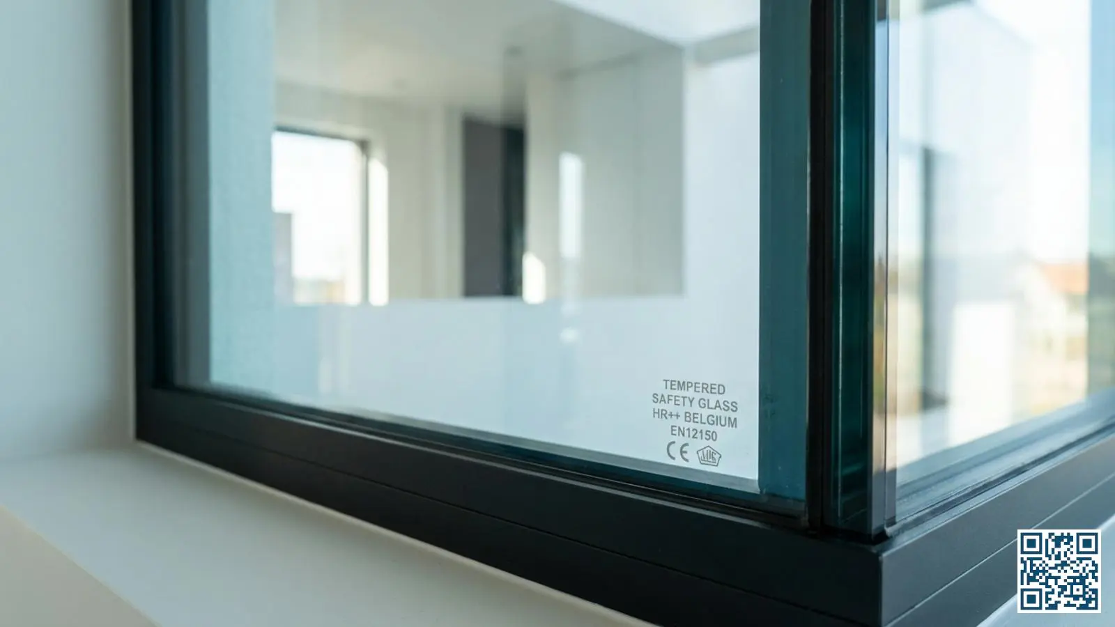 Close-up van gehard HR-glas met zichtbare veiligheidsmarkering in een modern raamkozijn van een Belgische woning