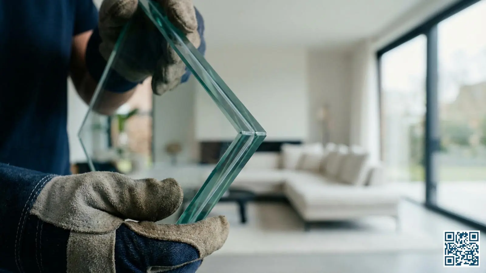 Doorsnede van gelamineerd HR-glas met zichtbare transparante PVB-folie tussen twee glasplaten vastgehouden door een vakman