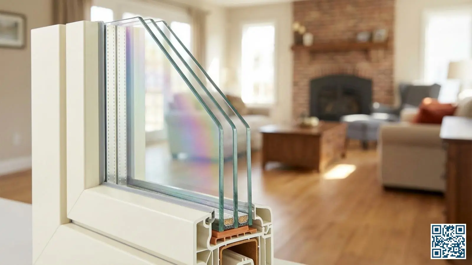 Doorsnede van HR+ glas met zichtbare coating en spouw tussen de glasplaten in een PVC-kozijn