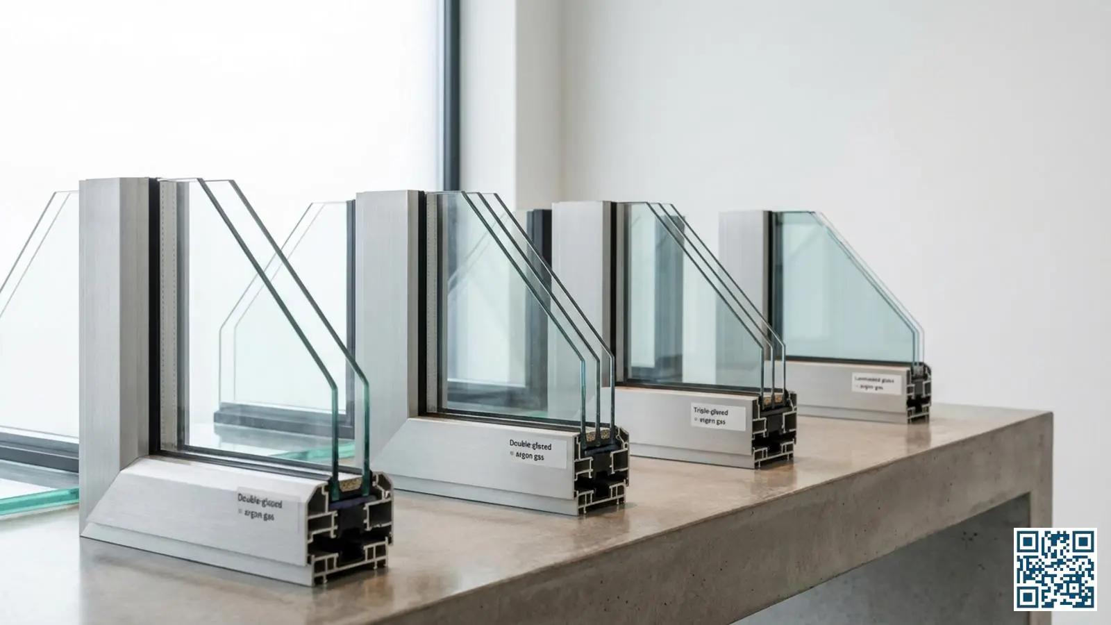 Verschillende soorten HR-glas naast elkaar uitgestald in een showroom met zicht op de glasopbouw en spouwen