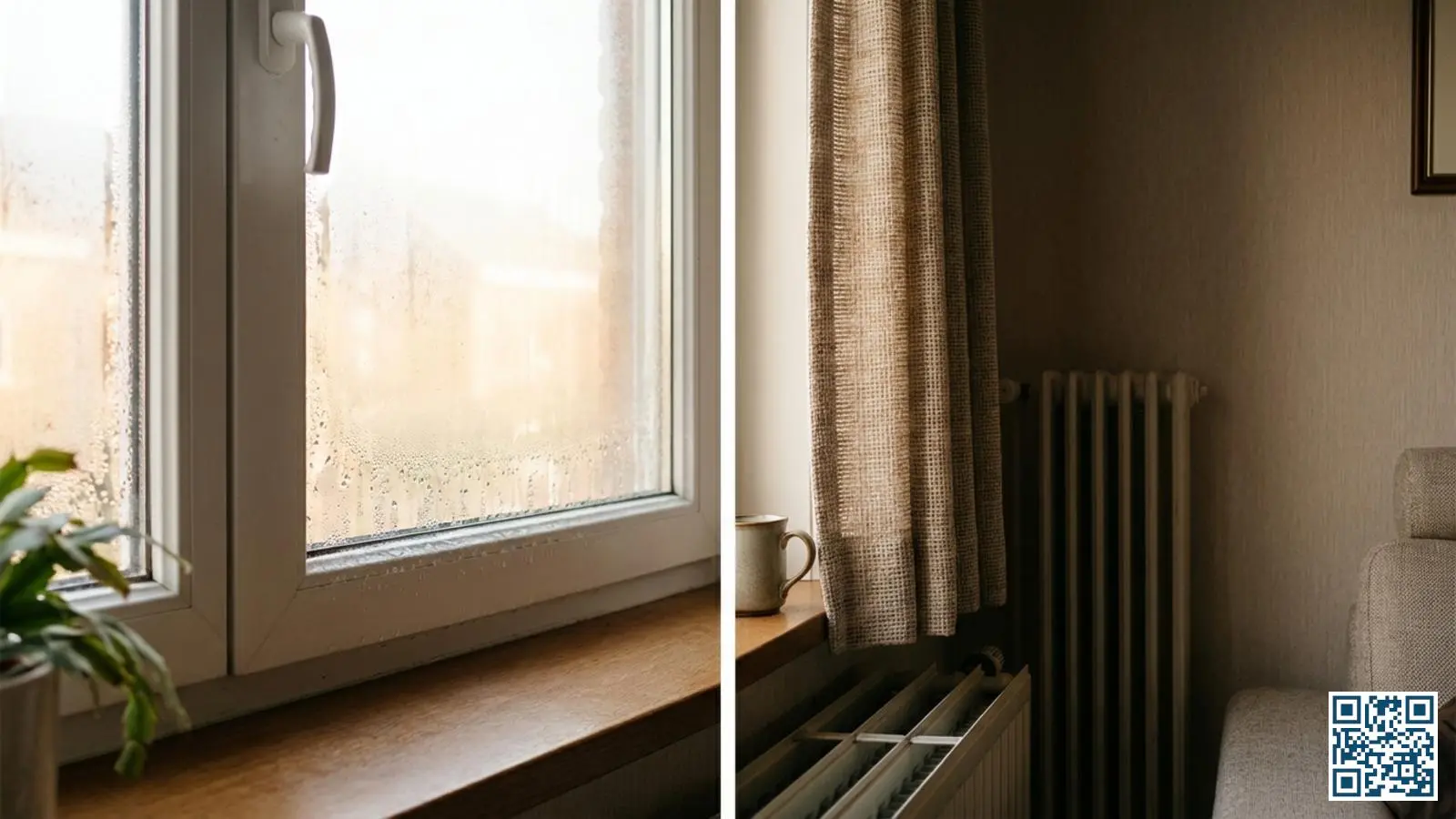 Raam met standaard HR-glas in een typische Belgische rijwoning uit de jaren negentig met wit PVC-kozijn en lichte condensatie