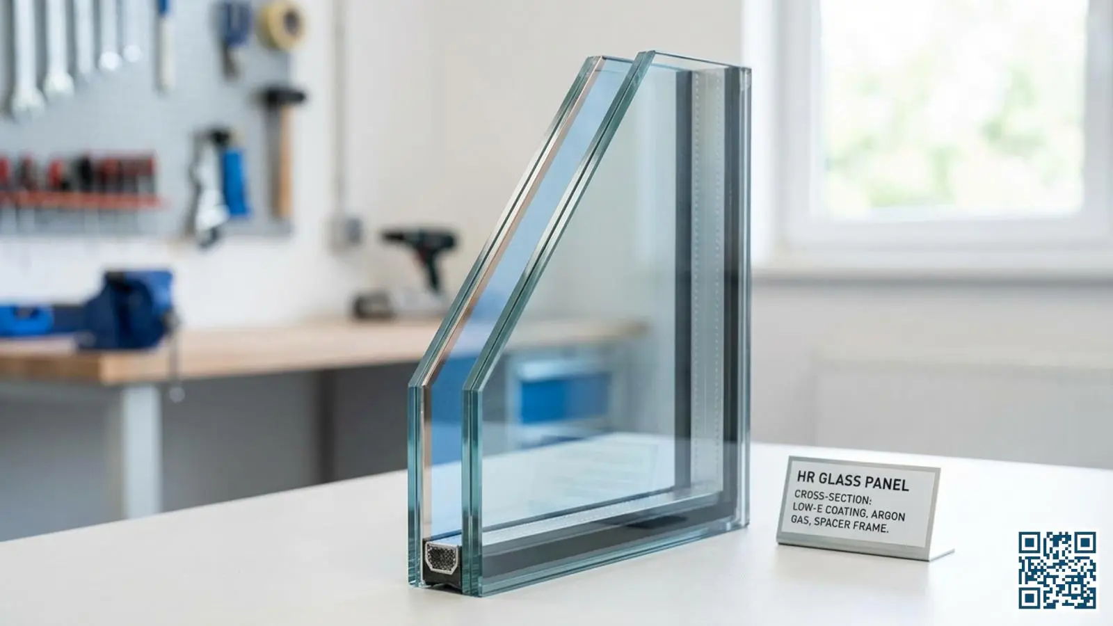 Dwarsdoorsnede van een HR-glaspaneel met zichtbare glasplaten, spouw met argonvulling, coating en spacer