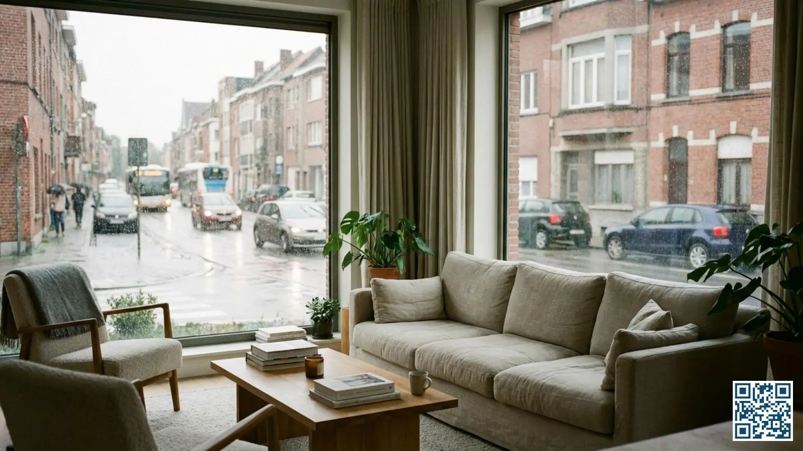 Rustige woonkamer met grote HR-glas ramen terwijl buiten een drukke straat met verkeer zichtbaar is door het glas