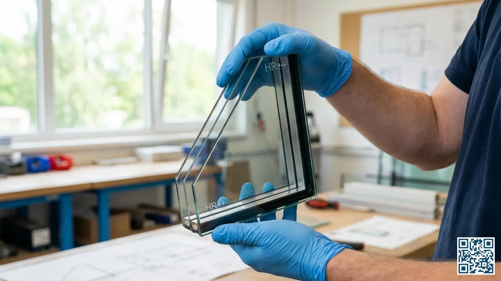 Doorsnede van HR-glas met zichtbare spouw en afstandhouder vastgehouden door vakman in werkplaats