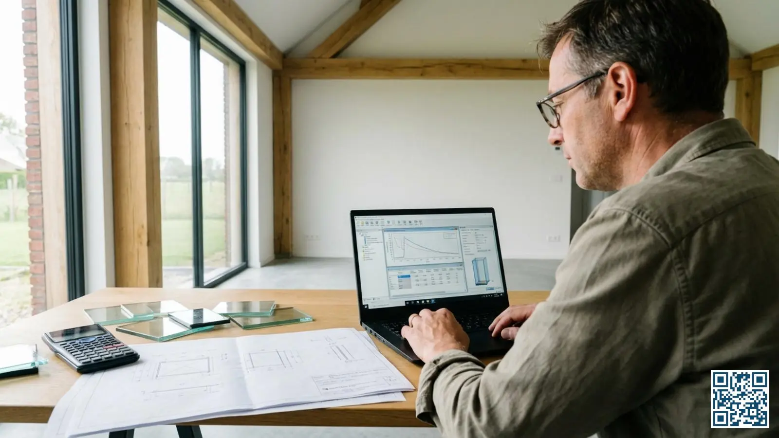 Professional bekijkt glasberekeningssoftware op laptop met technische documenten en glasstalen op bureau