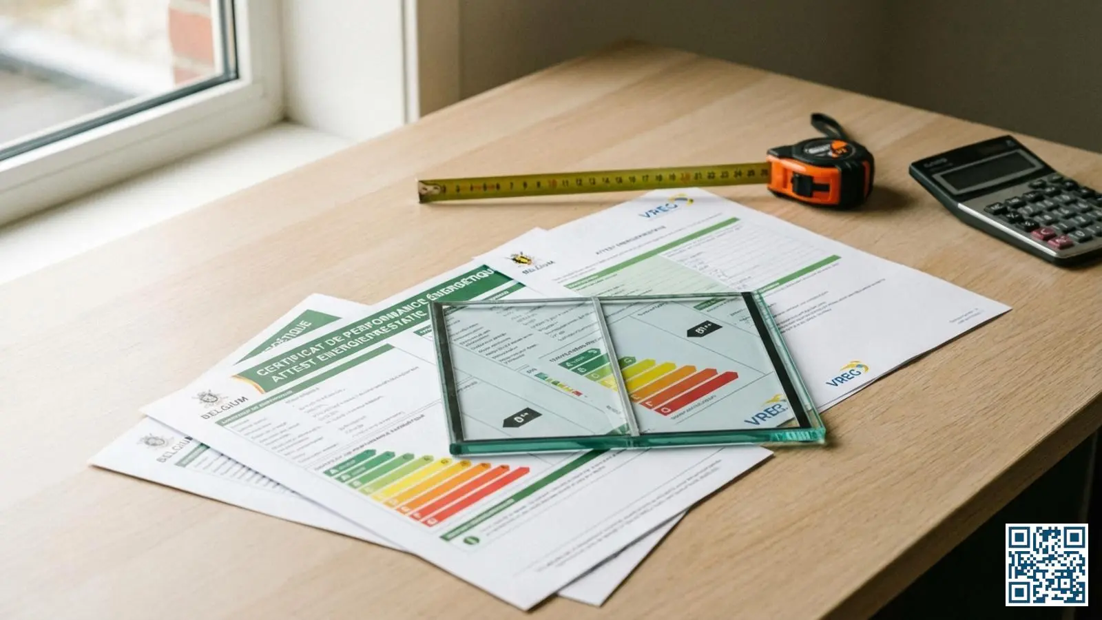 EPB-certificaten en documenten op bureau met HR-glas monster en meetlint voor U-waarde controle