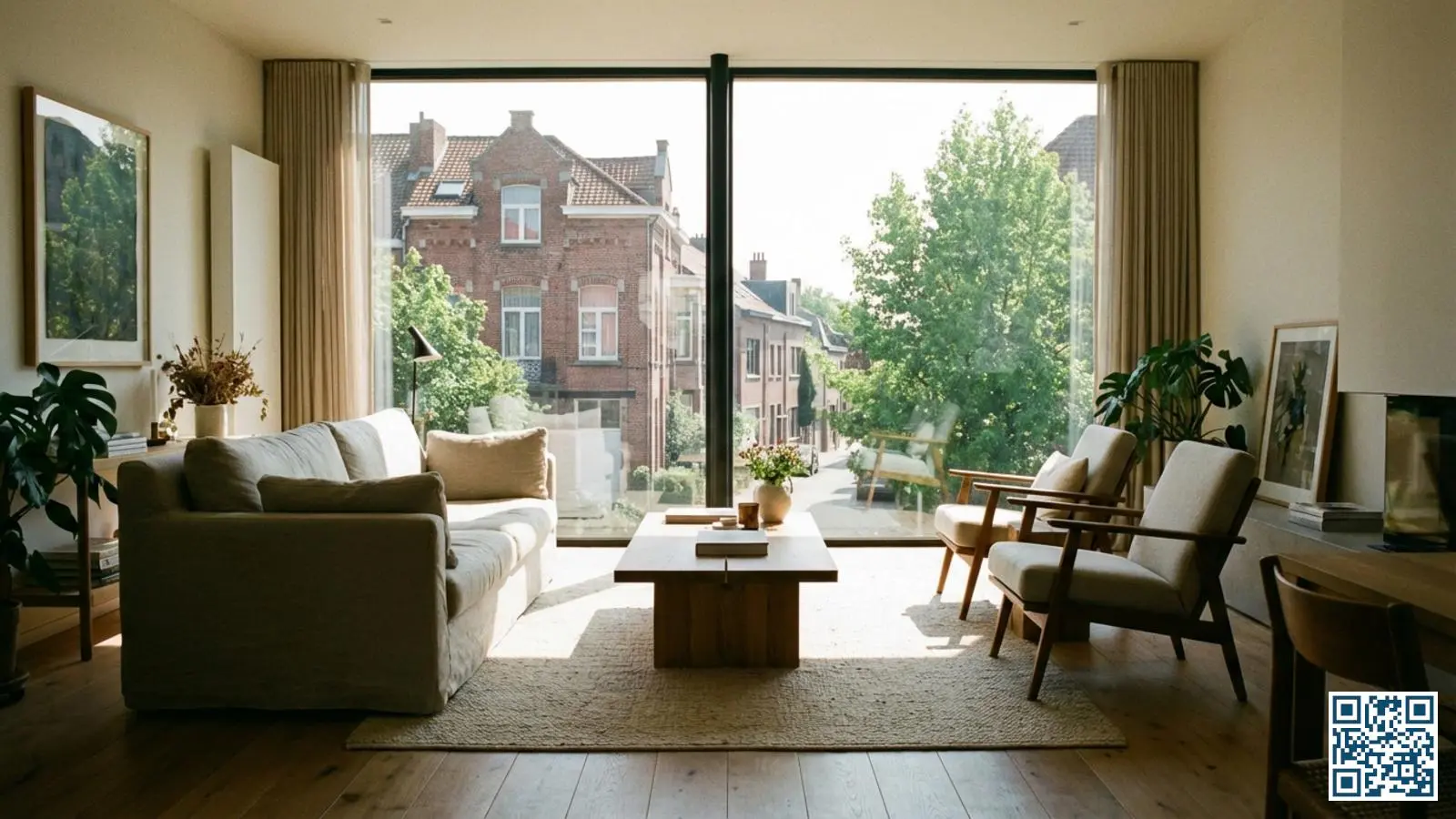 Moderne woonkamer met grote raampartijen en zonwerend glas op een zonnige dag met comfortabel interieur ondanks felle zon