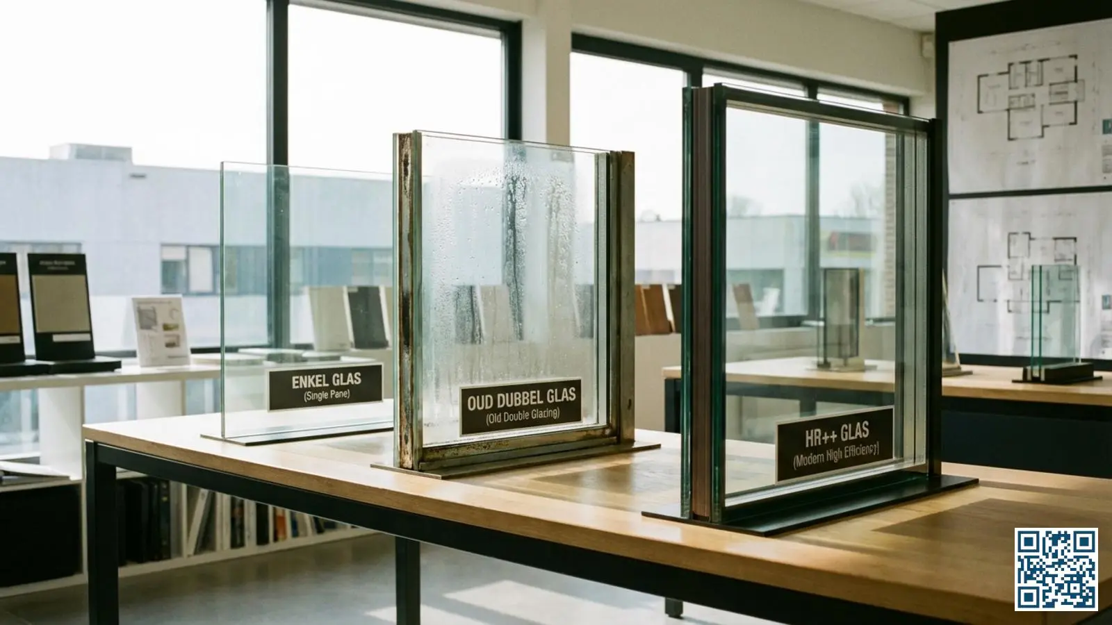 Showroom met verschillende glastypen naast elkaar: enkelglas, oud dubbelglas en modern HR++ glas met zichtbare labels
