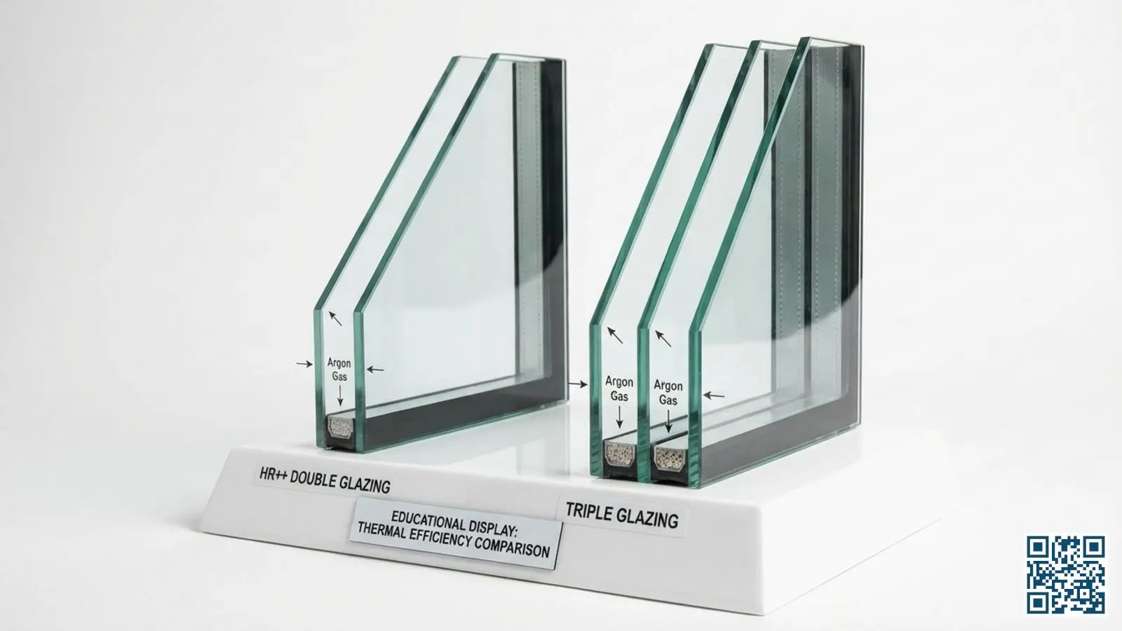 Dwarsdoorsnede vergelijking van HR++ dubbelglas en triple glas met zichtbare glaslagen en spouwruimtes