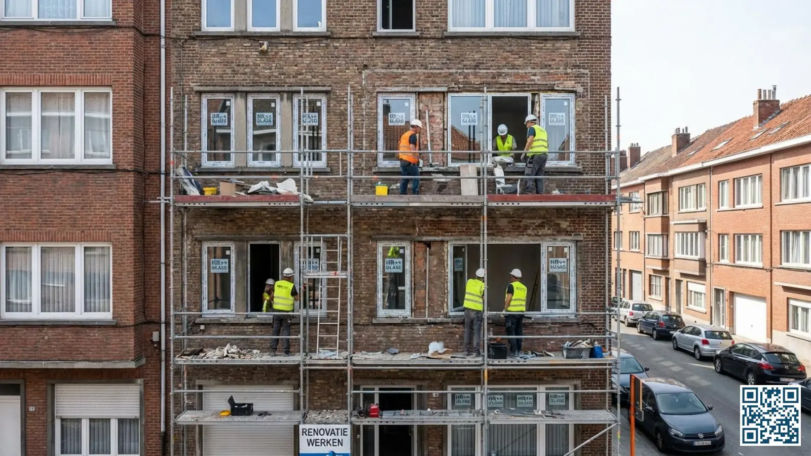 Belgisch appartementsgebouw met glasvervanging in uitvoering, arbeiders plaatsen nieuw HR-glas in meerdere ramen