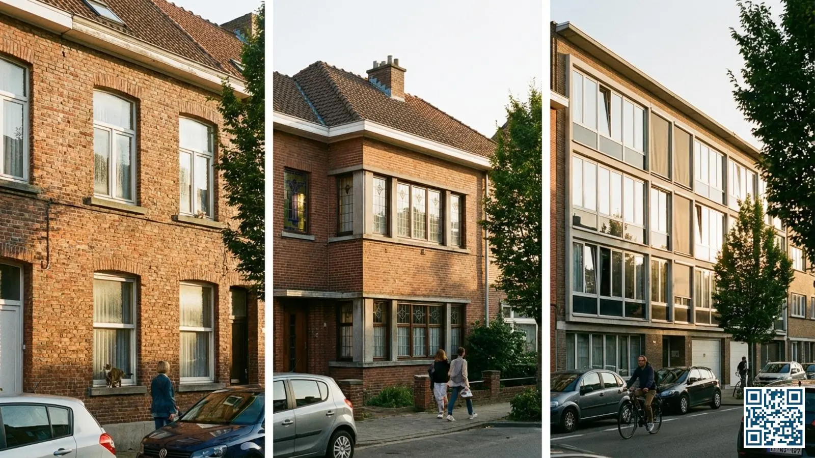 Belgische straat met verschillende woningtypes waaronder een rijwoning, halfopen bebouwing en appartement met zichtbare ramen