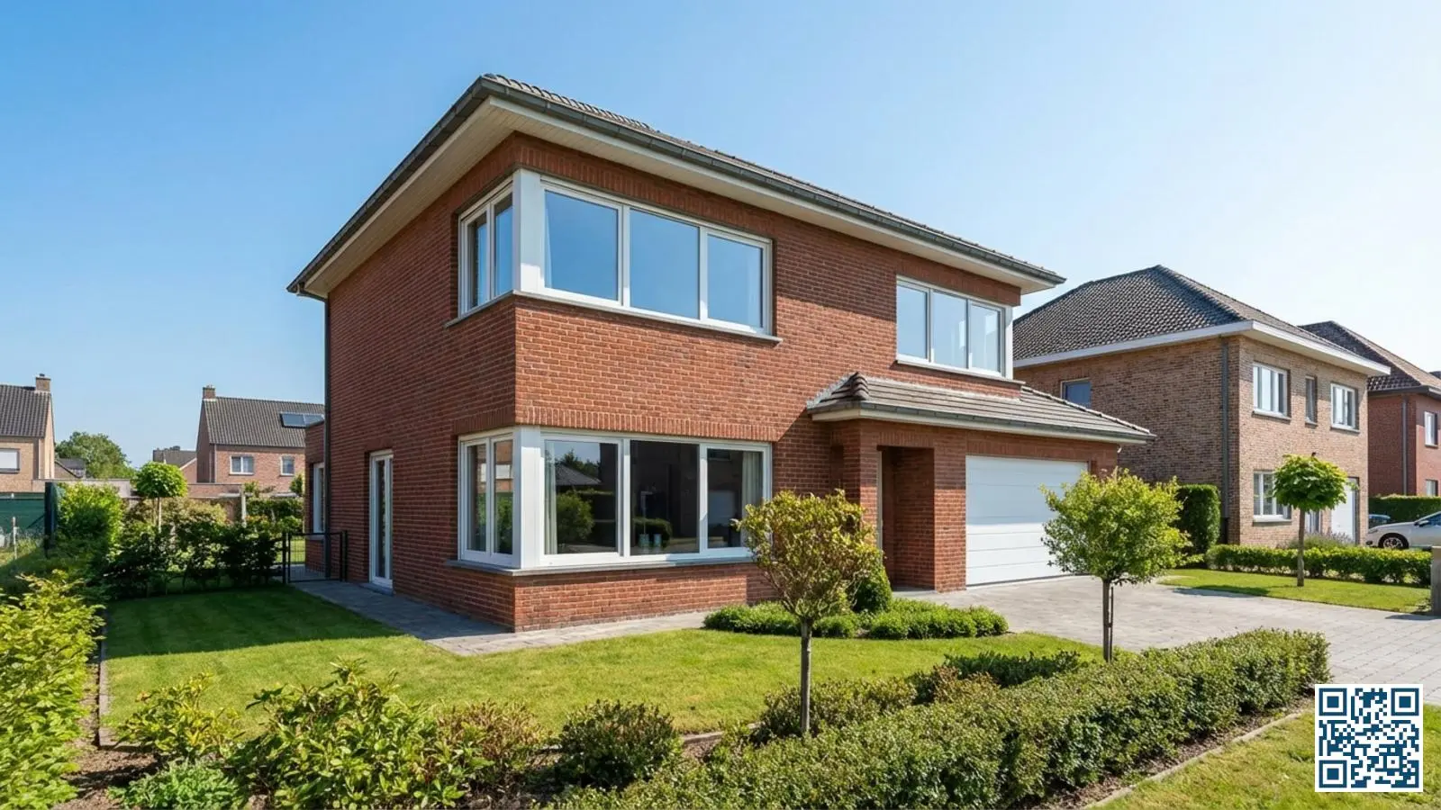 Moderne Belgische vrijstaande woning uit de jaren 2000 met witte PVC-kozijnen en HR-glas in rode bakstenen gevel