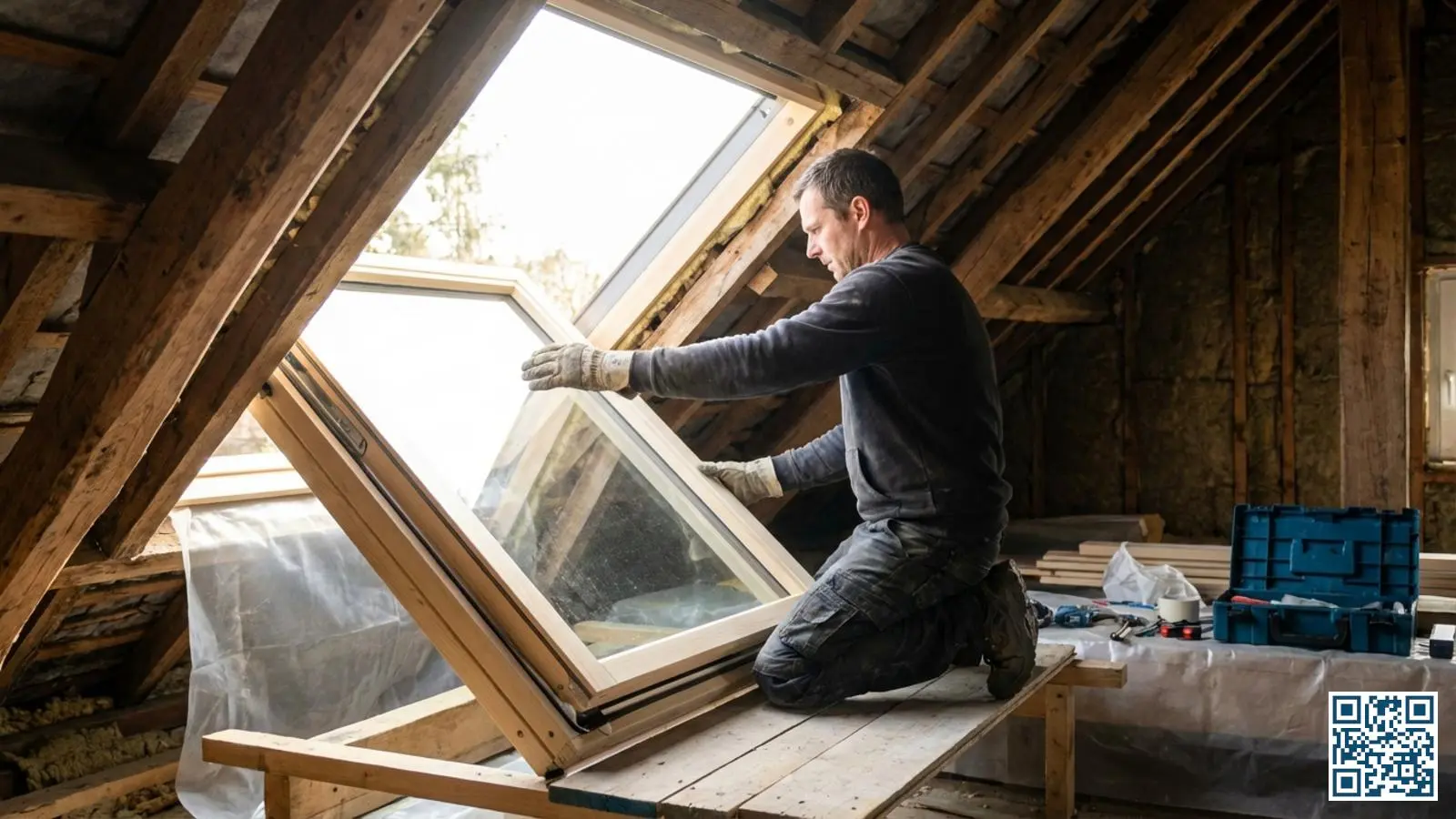 Vakman installeert nieuw HR-glas in een dakraam in een Belgische zolderkamer met houten balken