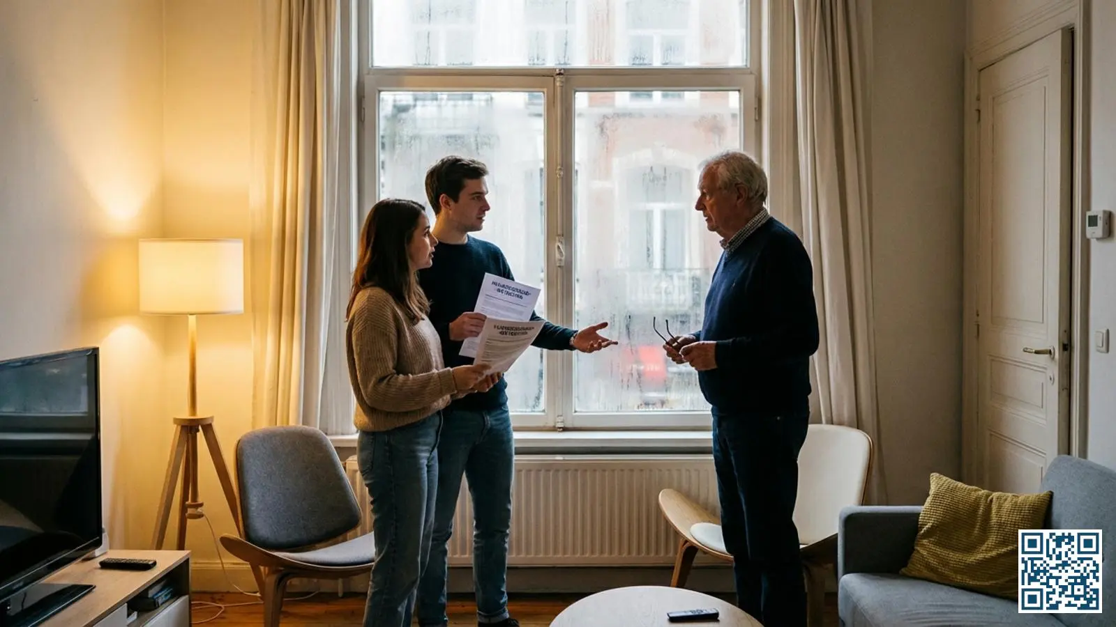 Huurders bespreken glasvervanging met verhuurder in Belgisch appartement met condensatie op oude ramen zichtbaar