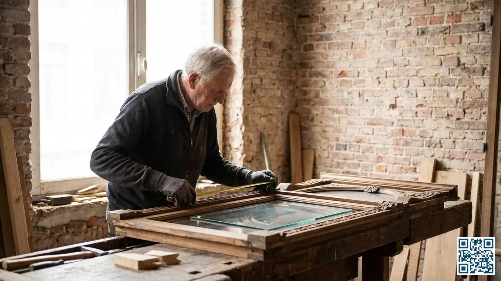 Vakman meet historisch houten kozijn op in Belgisch beschermd monument voor plaatsing van dun dubbel glas