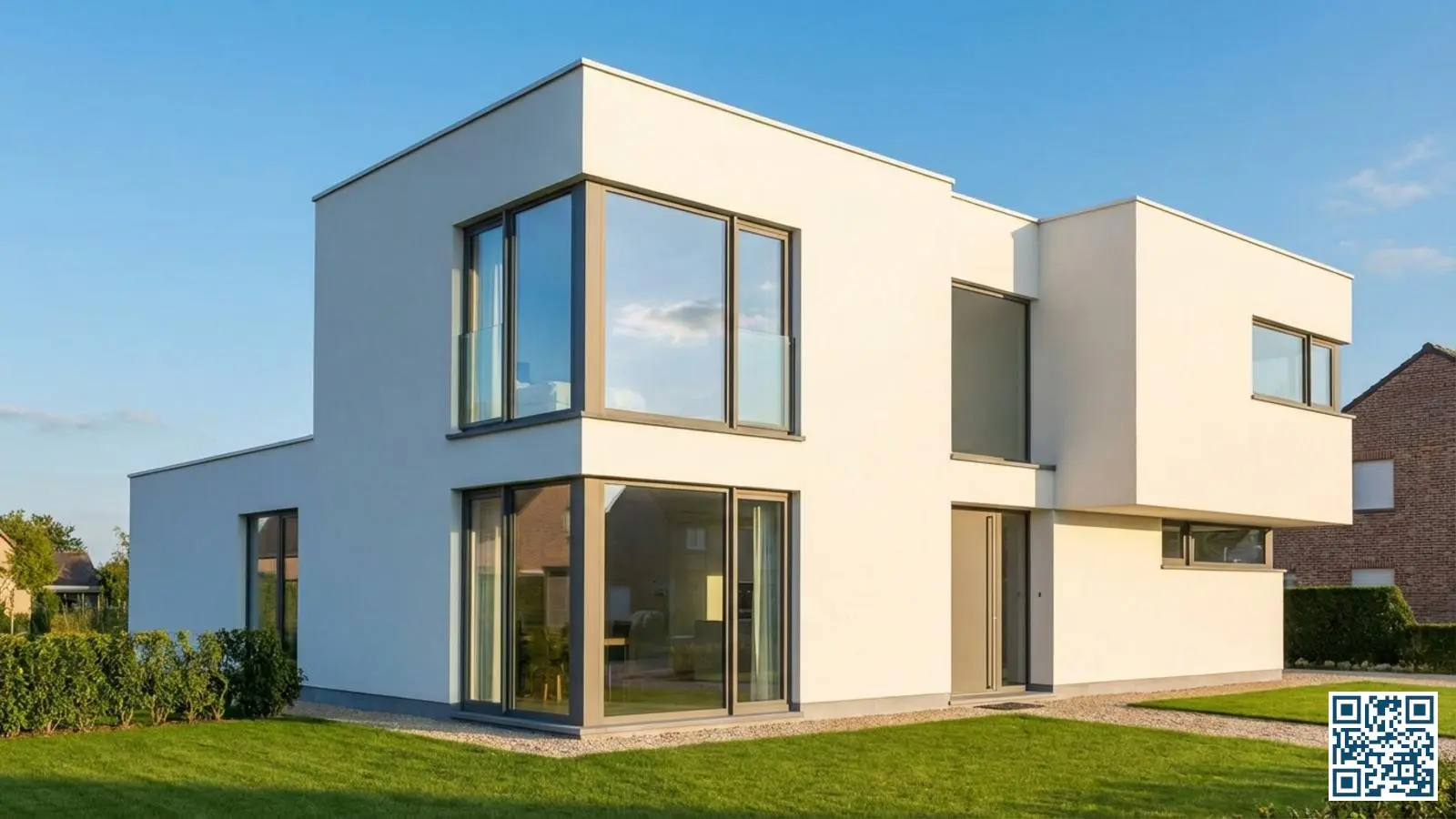 Moderne nieuwbouwwoning in Vlaanderen met grote ramen en triple glas voor optimale isolatie