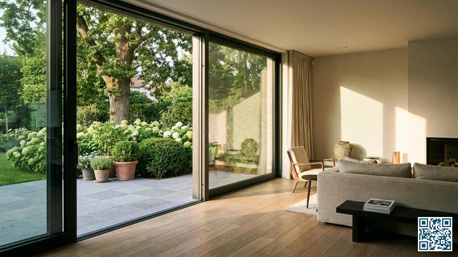 Moderne aluminium hefschuifpui met groot glasoppervlak in Belgische woonkamer met uitzicht op tuin