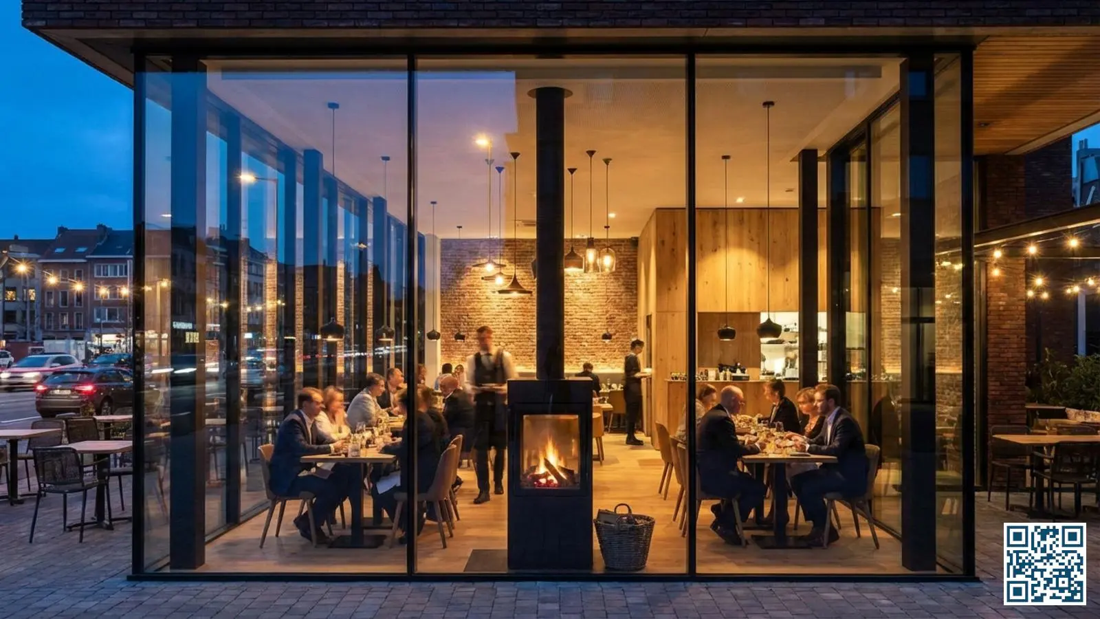 Modern Belgisch restaurant met grote HR-glasgevel die transparantie en sfeer combineert in avondlicht
