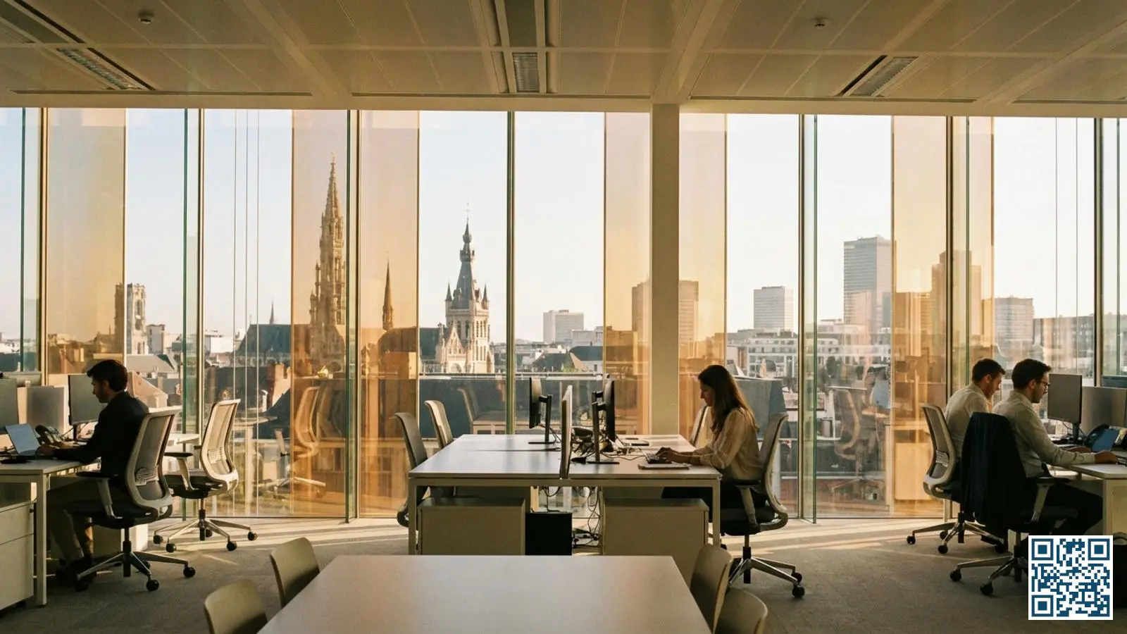 Modern kantoorgebouw met grote HR-glasgevels en zonwering biedt optimaal daglicht en thermisch comfort voor medewerkers