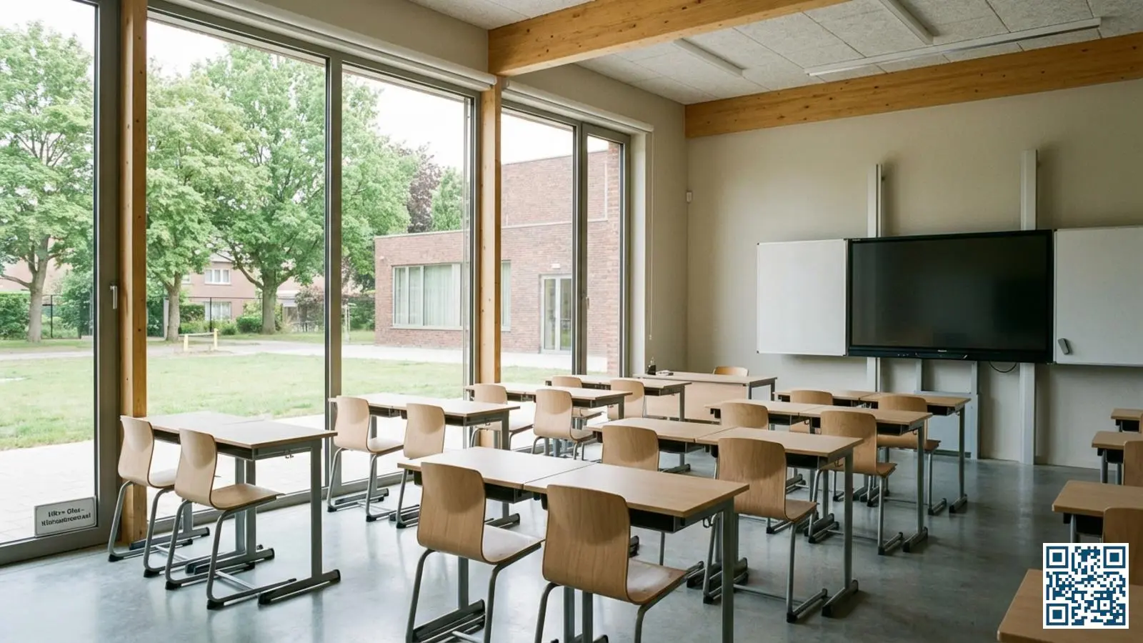 Modern klaslokaal met grote HR-glasramen die veel daglicht doorlaten in een Vlaamse school