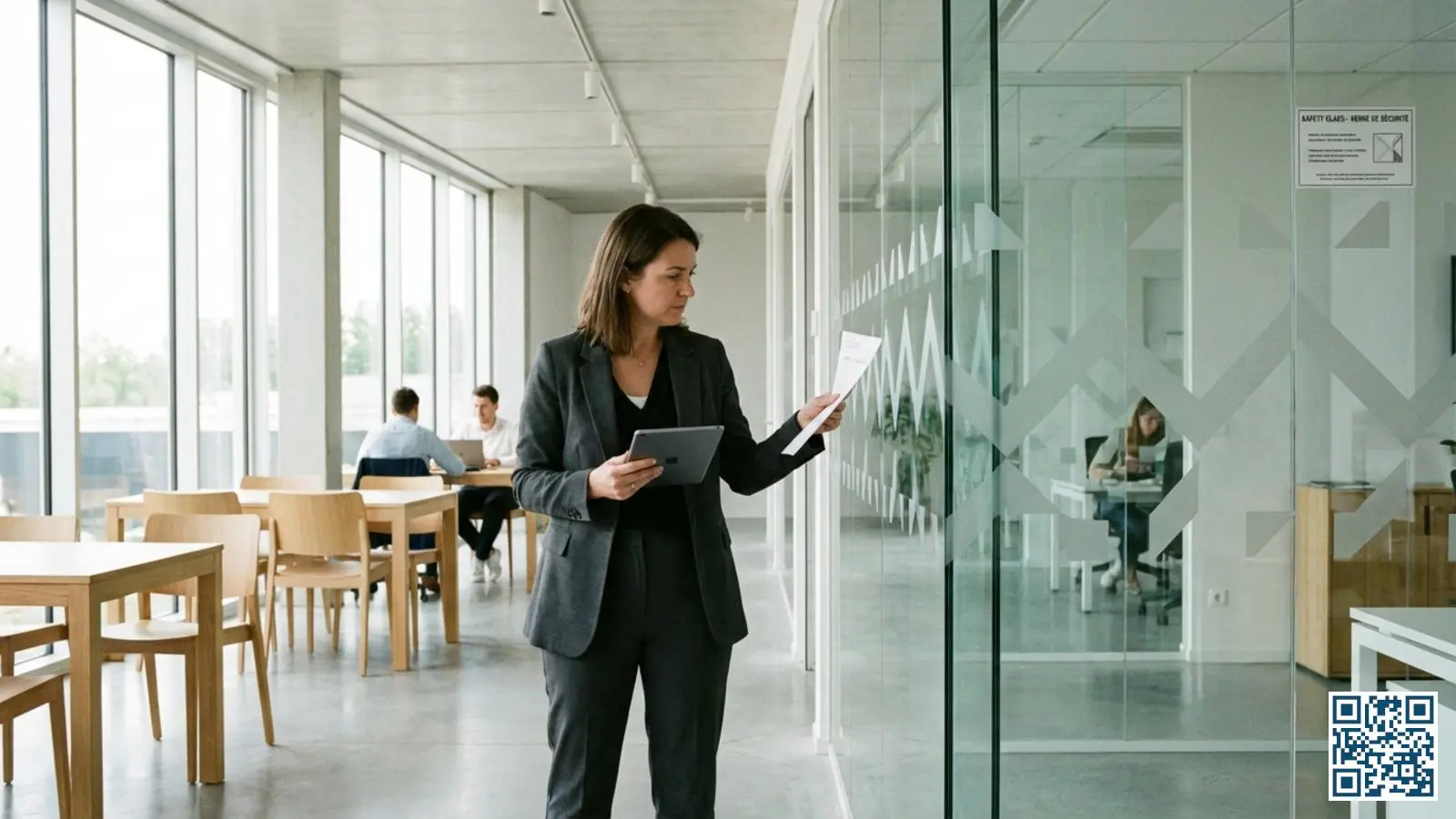 Facilitair manager inspecteert veiligheidsglas met markering in modern Belgisch kantoorgebouw met glazen wanden