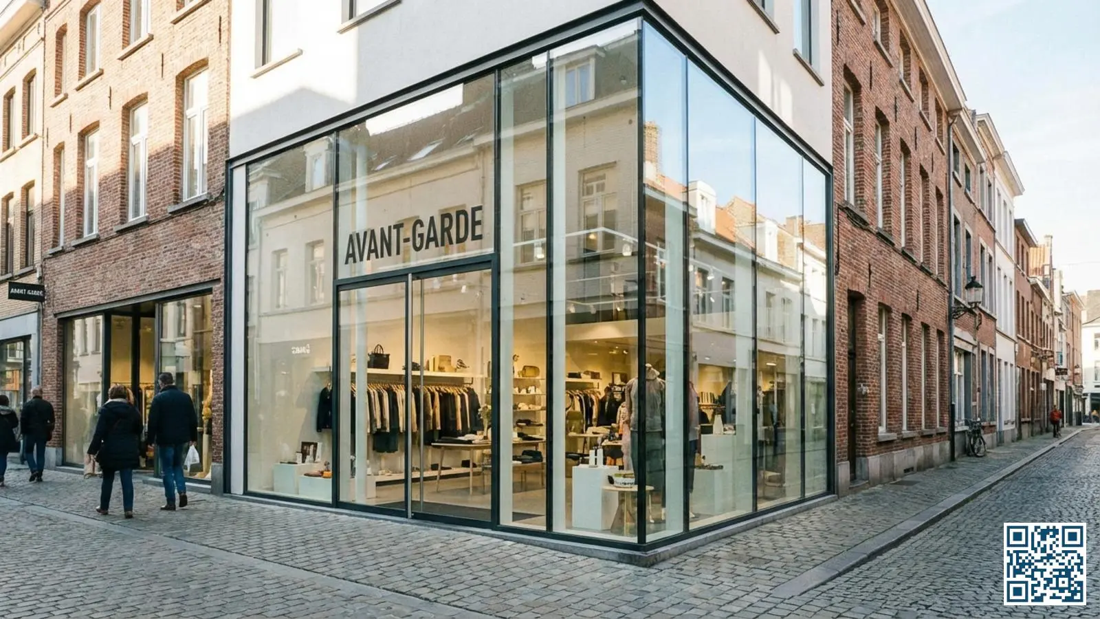 Moderne winkelpui met grote HR-glas etalageruiten waarin producten helder zichtbaar zijn in een Belgische winkelstraat