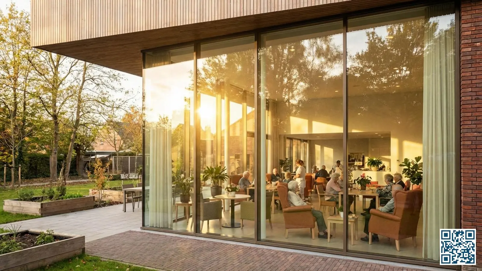 Modern woonzorgcentrum met grote HR-glasramen en bewoners in een lichte gemeenschappelijke ruimte met tuinzicht